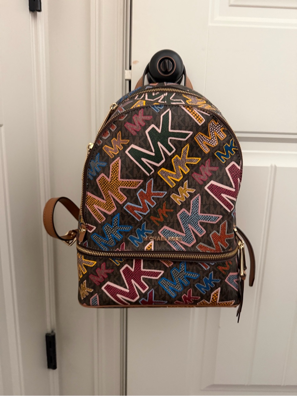 Michael Kors Brown Logo Print Backpack with Multicolor MK Accents
